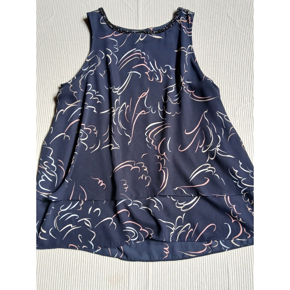Juicy Couture Navy Blue Abstract Print Beaded Neck Tiered Blouse Large
